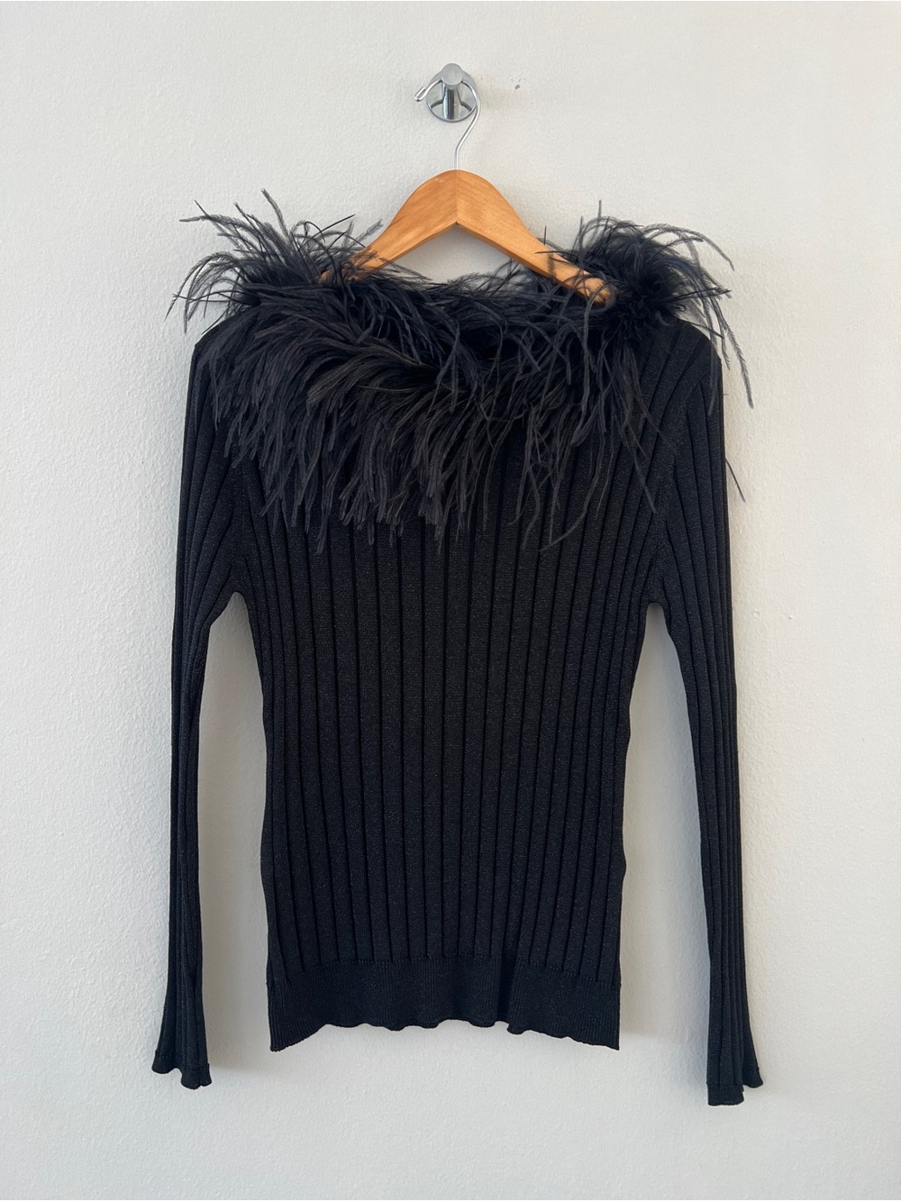 Belldini Black Feather Trim Ribbed Sweater